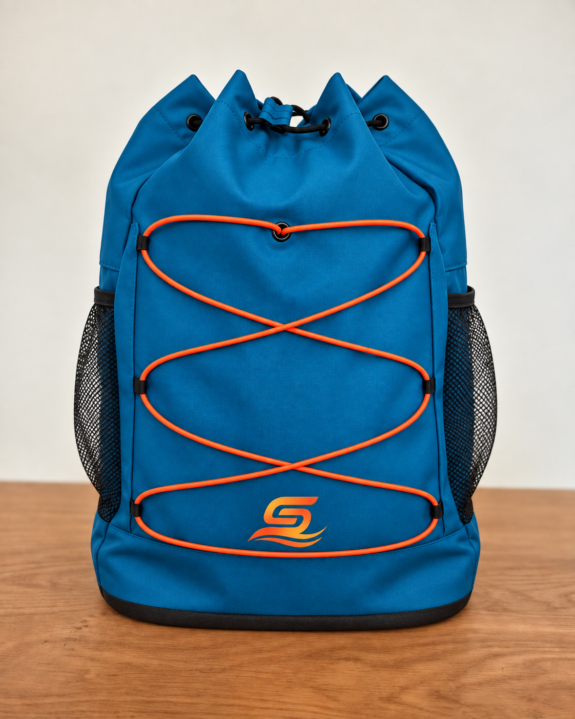 Visuel de développement du sac ScoreBeach bleu océan, avec cordon orange et poches latérales