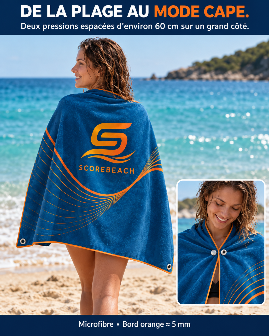 Une adulte porte la serviette ScoreBeach en cape, logo droit dans le dos ; un détail montre les pressions à l’avant.