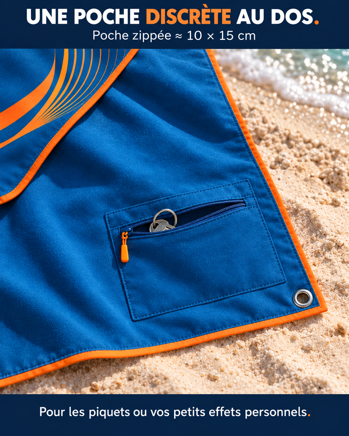 Dos de la serviette en microfibre : poche zippée d’environ 10 par 15 cm, avec des clés partiellement rangées à l’intérieur